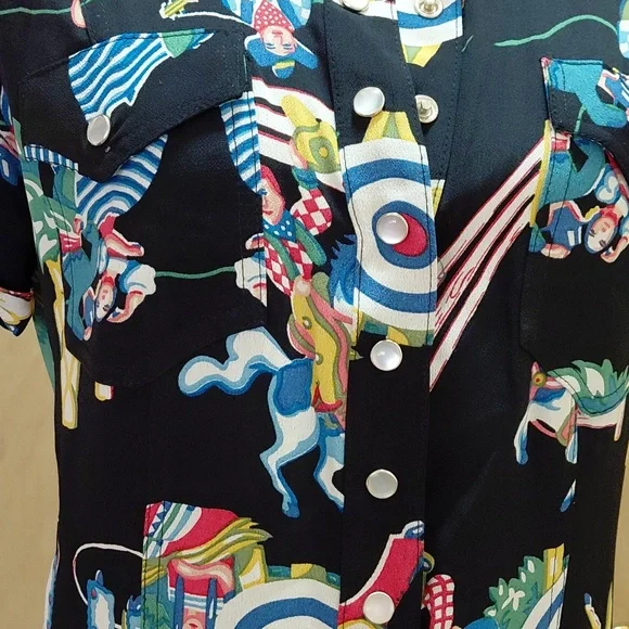Womens Black Collared Mini Dress Button-Front Top with Colorful Print VINTAGE - Picture 2 of 5